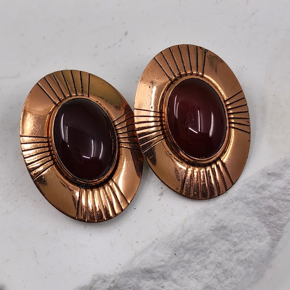 Vintage Copper Tone Burgundy Cabochon Oval Clip-On Earrings Statement Retro